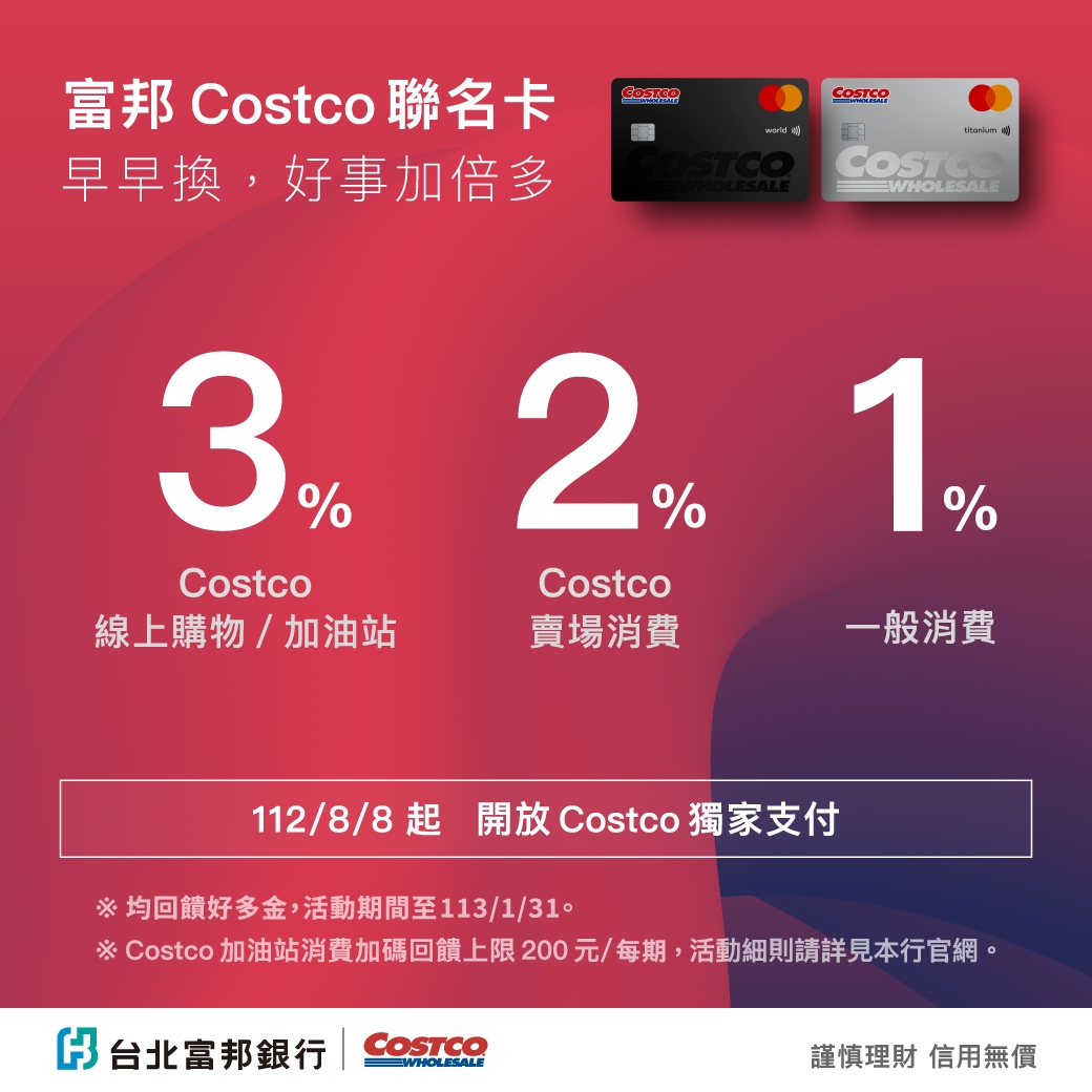 熟記富邦Costco聯名卡1、2、3口號,瞭解優惠權益方便又快速。