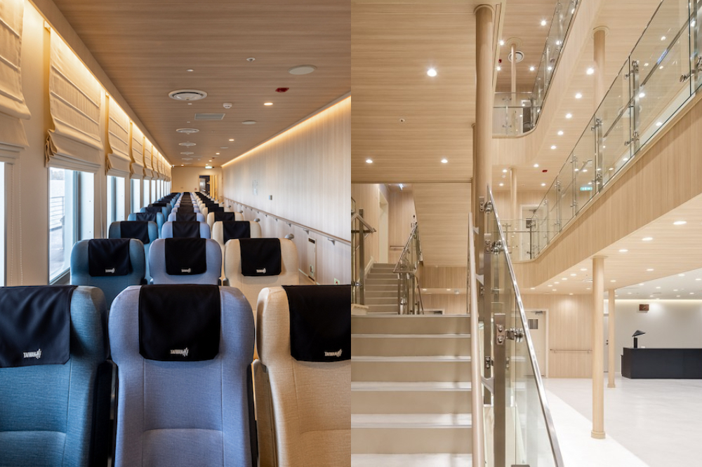內部空間採用柔和木質調，而座椅的漸變配色又與海洋連成一線