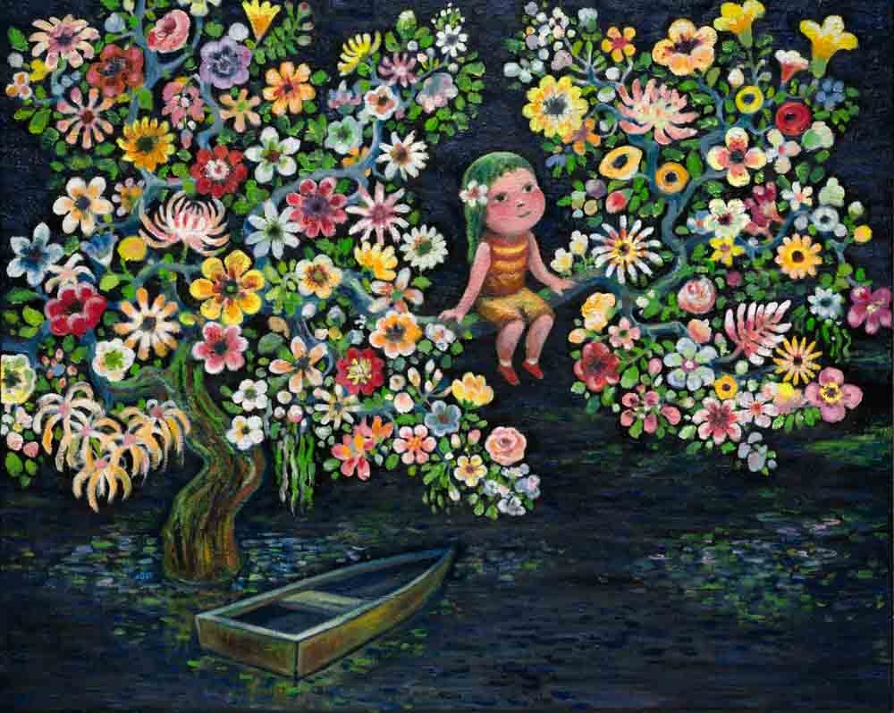 幾米，獨木船的花花世界，2022，油彩／畫布，72 x 91 cm
