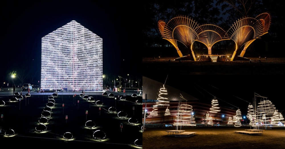 展區作品「∞立方」夜景、「眾神殿：鳳凰花」、「裊裊」