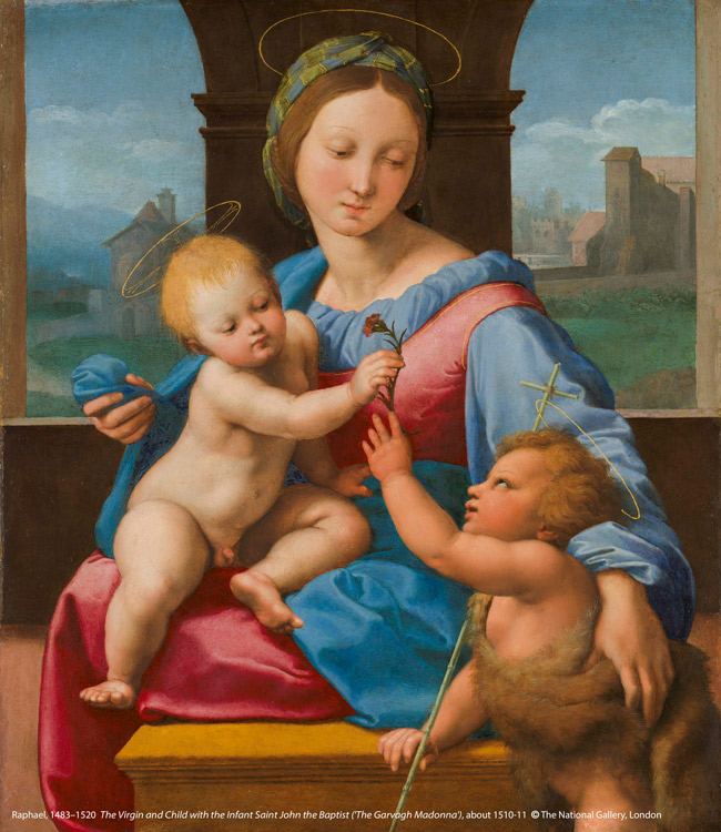 拉斐爾(1483–1520)作品8〈聖母子與施洗者約翰〉(阿爾瓦聖母),約1510–1511創作。