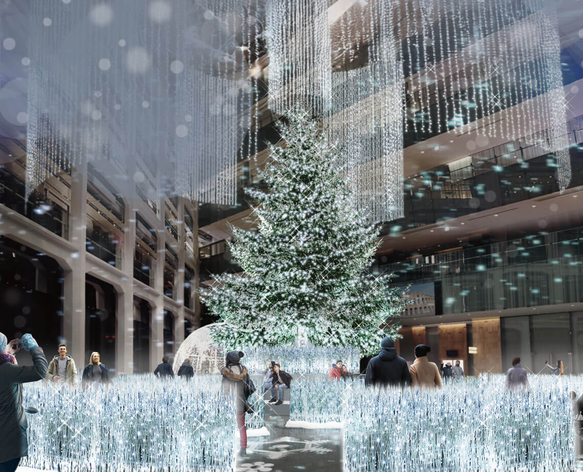 約6.5萬顆 LED貫穿100公尺動線營造沉浸式白銀景，中央一棵 13公尺真實冷杉坐鎮。